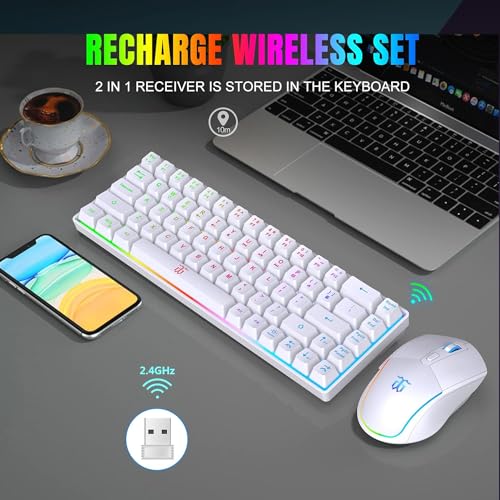 Snpurdiri 60% Wireless Keyboard and Mouse Combo, RGB Backlit Rechargeable Gaming Bundle, 40Hrs Battery, Compact Desktop Set for PC/Mac(White - Image 3