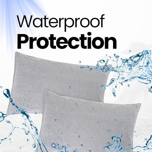 Image of Waterproof Terry Cotton Pillow Protector Cover with Zippered Closure | 18X28 Inch Standard Size Pillow Cover, Set of 4 | Dustproof Bedding Pillowcase for Protection (Grey)