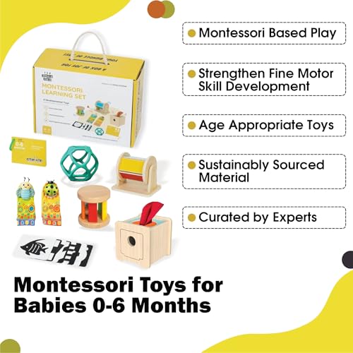 Montessori Toys for Babies 0-6 Months - 6-in-1 Educational Sensory Development Kit with Rolling Bell, Magic Tissue Box, Spinning Drum & More