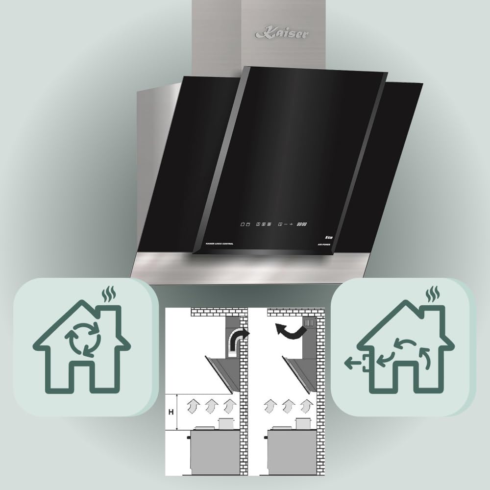 Kaiser AT 6438 ECO kopffrei Dunstabzugshaube 60 cm Exklusive Schwarz Glas Edelstahl Wandhaube 910m³/h | TouchControl Steuerung mit LED Display | Randabsaugung | Timer | Abzugshaube Abluft/Umluft