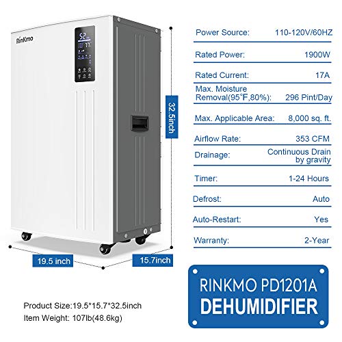 RINKMO Commercial Dehumidifier 296 PPD, Large Industrial Water Damage Restoration Dehumidifier with Garden Hose for Warehouse Drying, Basement & Job Sites - Up to 37 Gallons Water Removal per Day