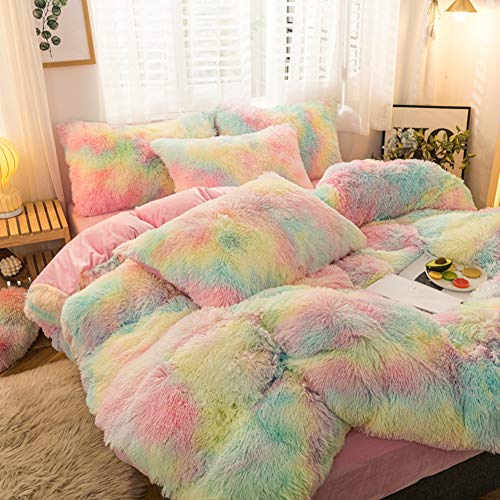 Morromorn 5 Pcs Shaggy Duvet Cover Bedding Set - Fluffy Comforter Cover Long Faux Fur Luxury Ultra Soft Cozy (Rainbow, King/California King) #TOP5
