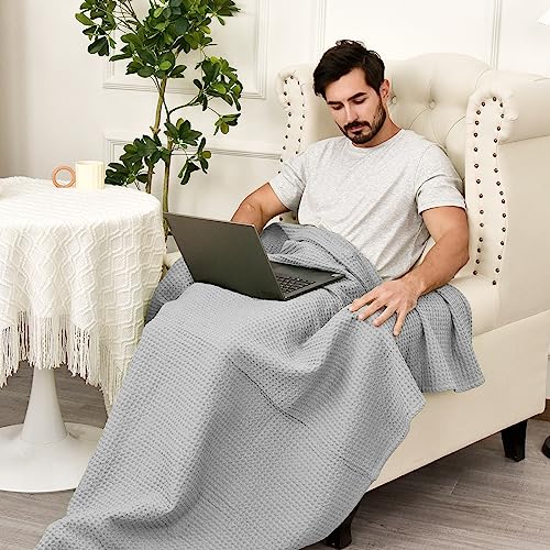 Image of PHF 100% Cotton Waffle Throw Blanket Lightweight Breathable, Light Grey