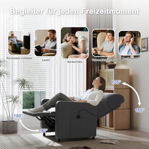 JUMMICO Relaxsessel Fernsehsessel Liegesessel mit Liegefunktion Elektrisch Verstellbarer Einzelliegesessel aus Leinenstoff für Wohnzimmer Schlafzimmer Heimkino (Grau) – Bild 5