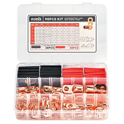 IWISS Copper Battery Lugs Assortment Cable Lugs for AWG 8, 6, 4, 2, 1/0 w/Heat Shrink Tubes -90PCS