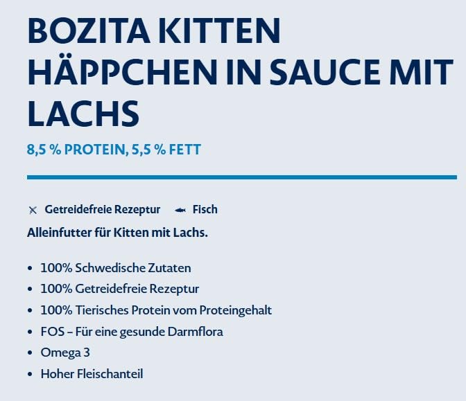 Bozita mit Lachs für Kitten ohne Getreide - kleine Häppchen in Sauce mit Omega 3 für Kitten - 12x85g Nassfutter im Portionsbeutel für Junior Katzen Aller Rassen
