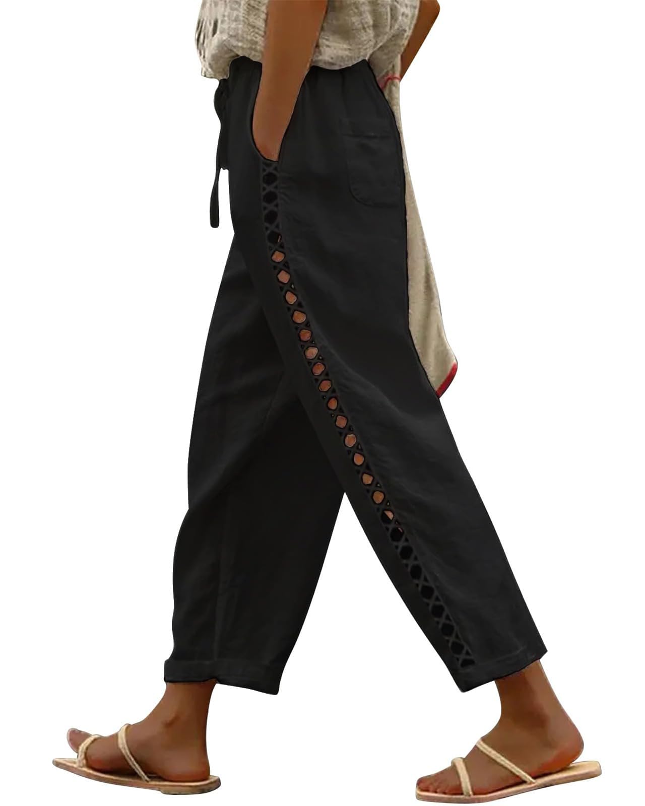 Women Linen Pants Capri Pants Petite Loose Fit Elastic Drawstring Pajama Summer Beach Vacation Pants for Women