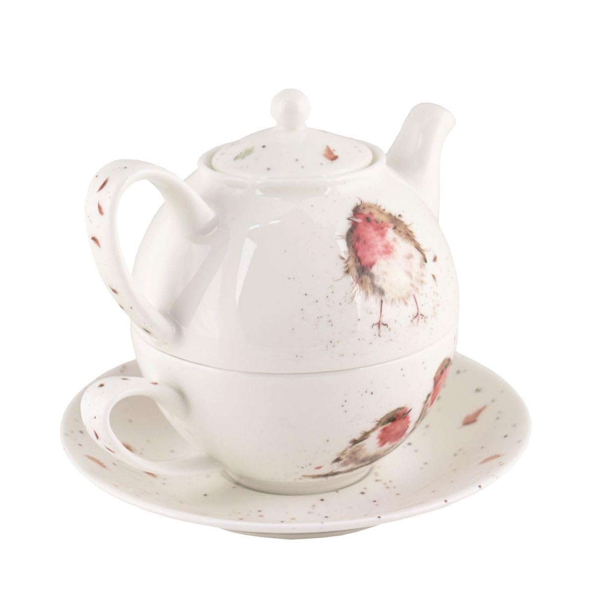 Wrendale Designs Porzellan Tee Set Tea-for-One Rotkehlchen Kanne mit Deckel ca. 410 ml, Tasse ca. 200 ml & Untere Motiven von der britischen Künstlerin Hannah Dale als Geschenk & zum selbst genießen