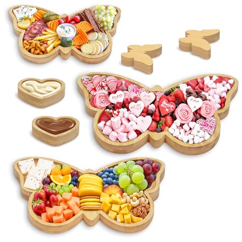 Fayavoo 7 Pcs Butterfly Charcuterie Board Letters, Wooden Food Serving Platter Trays with 2 Dipping Saucers and 2 DIY Coasters, Vegetable Fruit Cake Cookies Dish for Baby Shower Wedding Birthday Decor