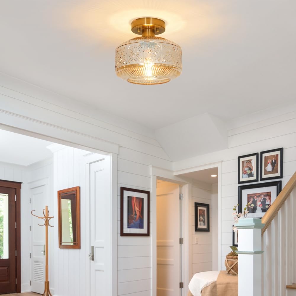 Semi Flush Mount Ceiling Light, Vintage Small Ceiling Light Fixture, Thickened Glass Hallway Lighting Fixture, Brass Kitchen Ceiling Mount Lighting with Amber Glass for Bedroom, Bathroom, Porch