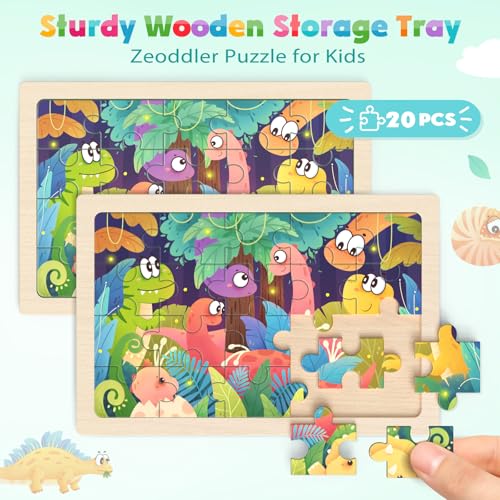 Image of Zeoddler Wooden Puzzles for Kids 3-5, 4 Pack Dinosaur Jigsaw Puzzles for Toddlers, 20 Pieces Preschool Learning Activities, Learning & Educational Puzzles, Gift for Boys, Girls