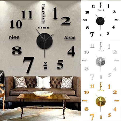 DIY Wall Mute Clock,Frameless DIY Large Modern Wall Mute Clock 3D Mirror Surface Sticker Home Office Decor,for Living Room Bedroom Home Decorations (Black)