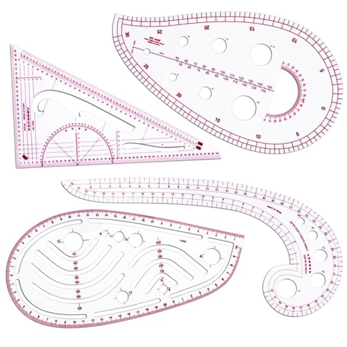 4-Piece Sewing Ruler Set – French Curve, Pattern Making, Tailoring Rulers for Dressmaking & Crafting, Clear Durable Plastic Templates