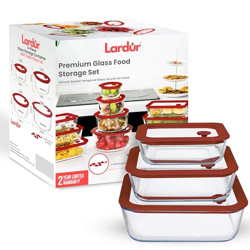 Lardur Glass Food Storage Containers with Glass Lids 3 Pack - Square Meal Prep Food Container Set with Airtight Lids - Microwave & Dishwasher Safe, 100% Plastic Free, Vented, Gift Packaged, Red Color