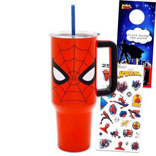 Marvel Spiderman Tumbler Cup Set - Bundle with 40 Oz Stainlesss Steel Tumbler with Handle and Straw Plus Stickers and More | 40 Ounce Spiderman Travel Cup for Boys, Teens, Adults