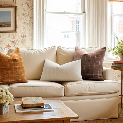Image of MIULEE Bronze Plaid Decorative Fall Throw Pillow Covers 18x18 Set of 2 | Vintage Check Chenille Couch Pillows Boho Farmhouse Cushion Covers Modern Fall Home Decor for Sofa Bed Living Room