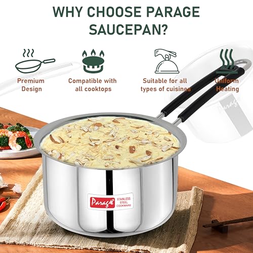 Image of Parage 3 Pieces Stainless Steel Sauce Pan, Tea Pan, Milk Pan Heavy Guage With Heat-Resistant Wire Handle Induction & Gas Stove Friendly (1 LTR, 1.25 LTR, 1.75 LTR, Silver),4 Liter