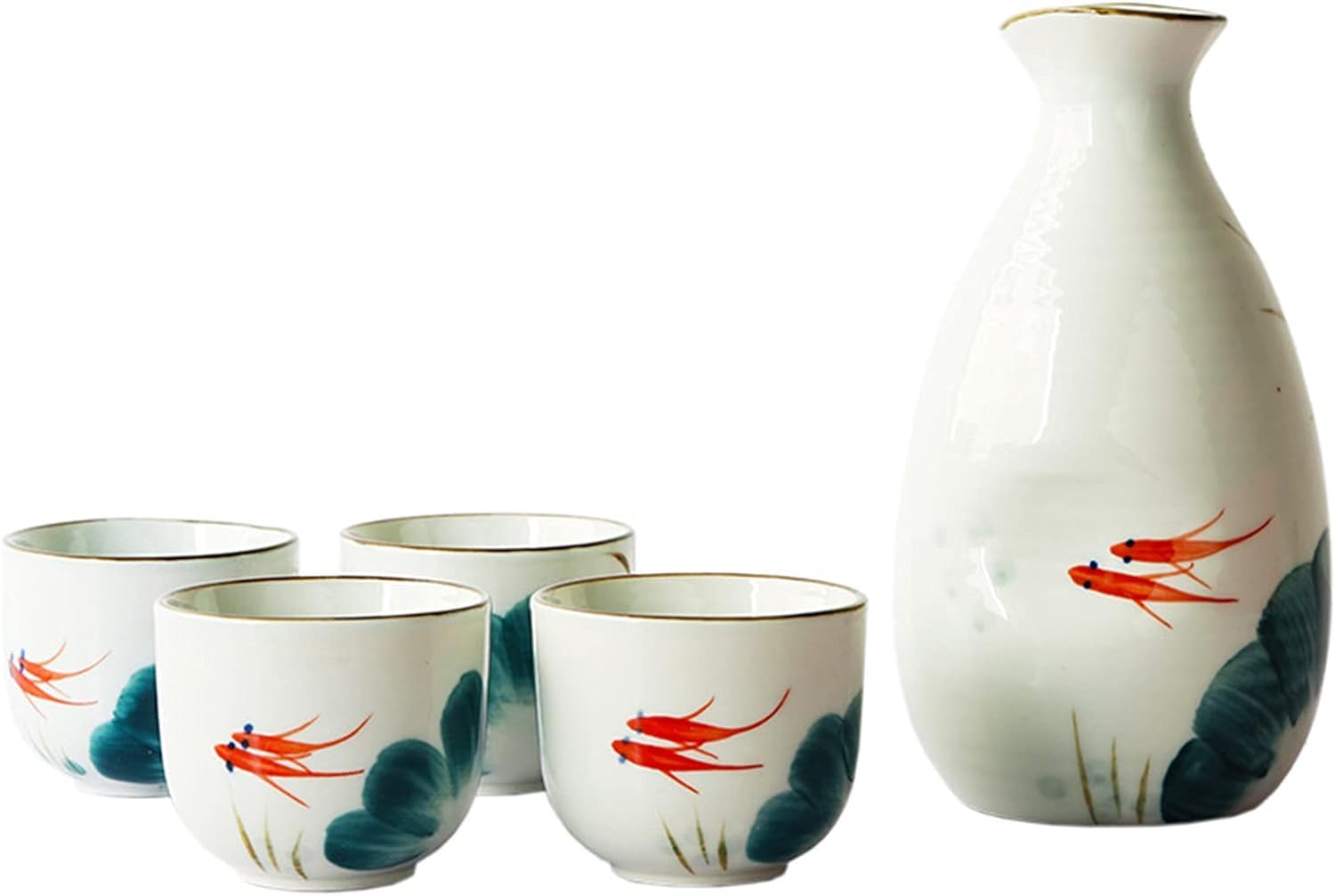 Ensemble de saké, Ensemble de Tasses à saké Japonais Traditionnel, Peint à la Main, Tasses en céramique, Verres à vin Faits à la Main, Ensemble de 5, Poisson Rouge