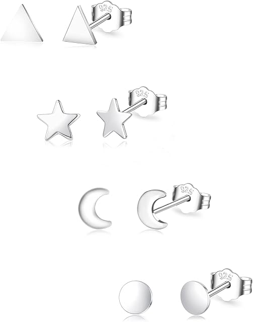 S925 Sterling Silver Stud Earrings, Silver Hoops Earrings for Women with Silver Stud Earrings Set 4/6/8 Pairs Small Cartilage Huggie Earring Star Moon Ball Heart CZ Studs