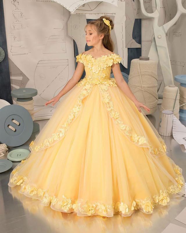Flower Girl Dress Off Shoulder 3D Flowers Girls Ball Gown Tulle Long Pageant Dresses with Train3