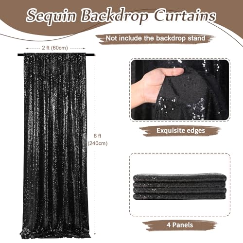 Image of Black Sequin Backdrop Curtain 4 Pcs Bling Fabric Backdrop Sparkly Photography Background Backdrop for Christmas Party Decoration