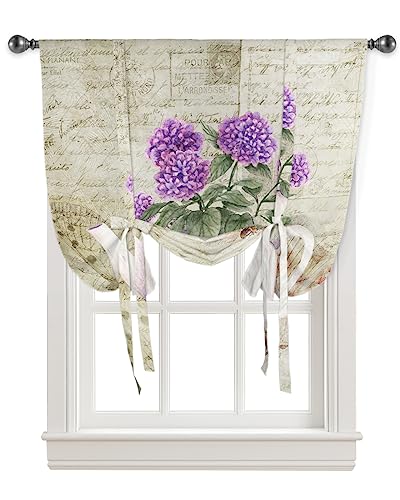 Yukro Tie Up Curtains Window Shades, Vintage Purple Flowers in Kettle Rod Pocket Tie Up Window Shade, Adjustable Balloon Curtain Shade for Blinds Kitchen Bathroom, 1 Panel, 42