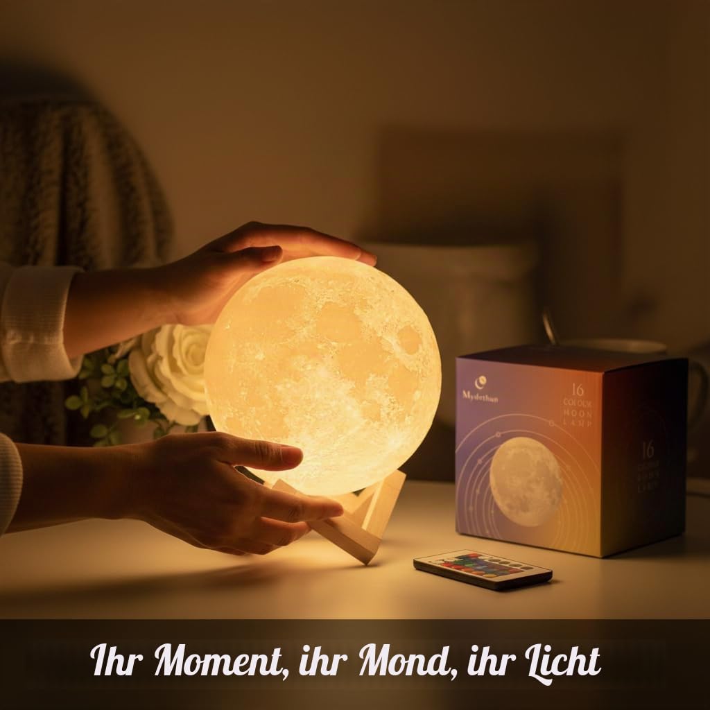 Mydethun 2025 Geschenke für Weihnachten Aktualisieren 16 Farben Mondlampe mit Holzsockel, 18cm LED 3D Mondlicht, Fernbedienung, Nachtlicht, Lampe für Kinder,Mädchen,Schlafzimmer,Heimdekoration