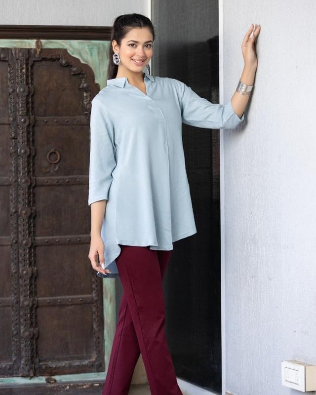 Image of Mlada Rayon Flare Top for Women | 3 /4th Sleeve Regular Fit and Flare Top | Women Office Tops Tunic | Western Long Shirt Top for Women | Shirt Collar Top for Women | Rayon Tunic Tops for Women Western
