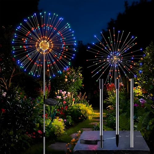 Solar Firework Lights Outdoor Adjustable 32 to 51 Extra Tall 200 LED Stainless Steel 3-Section Pole 8 Modes Waterproof Starburst Garden Lights for Yard Pathway Walkway Decor(Color 2 Pack)