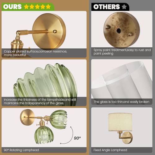 Image of Battery Operated Wall Sconce, Vintage Wall Sconce with Deep Green Tulip Glass Lampshade Rechargeable Battery Powered Wall Light with Remote Control for Bedroom,Living Room, Hallway, Aisle