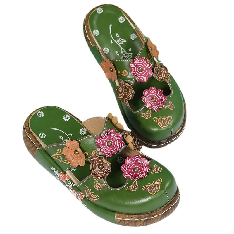 Women's Tribal Flower Platform Mules Summer Closed Toe Wedge Sandals PU Leather Non-Slip Beach Shoes
