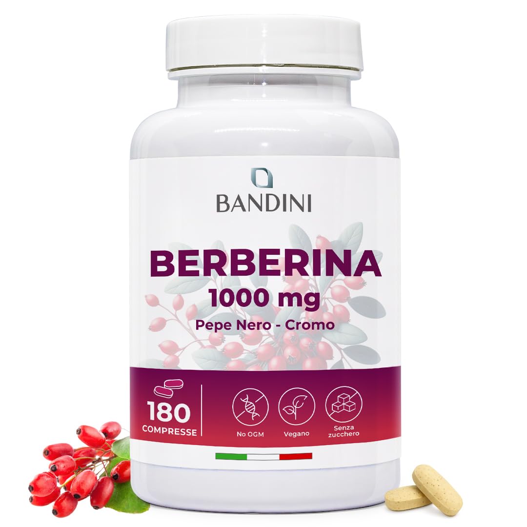 Bandini® Berberina 1000mg pura alto dosaggio | 180 compresse vegane - Berberin HCl da Berberis Aristata al 97% + Cromo e Pepe Nero | Massimo assorbimento - Funzione digestiva, epatica, intestinale