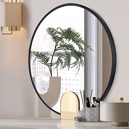Catollova Black Round Mirror 24 Inch, Wall Mirror with Black Metal Frame, Round Bathroom Mirror for Vanity, Bathroom, Entryway, Living Room, Home Decor Circle Mirror
