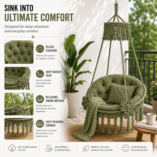 Image of Premium King Size Hammock Chair Swing with Cushion, 200kg Capacity | Indoor Outdoor Heavy Duty Adults & Kids Hanging Jhula for Home, Garden, Patio & Balcony | 1 Yr Warranty (Olive Green)