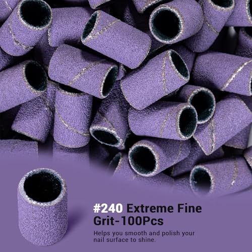 Image of MelodySusie 100 Pcs Nail Drill Bits Sanding Bands for Nail Drill 240 Extreme Fine Grit Nail File Sanding Bands for Acrylic Nails Gel Manicures and Pedicure, Purple