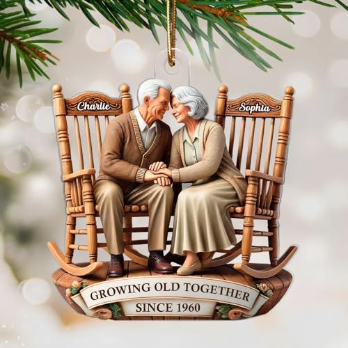 3D Effect Old Couple Sitting On Rocking Chairs Together Personalized Acrylic Ornament 3 Sizes for Couple, Wife, Husband, Mom, Dad, Woman, Man, Christmas, Decor Tree