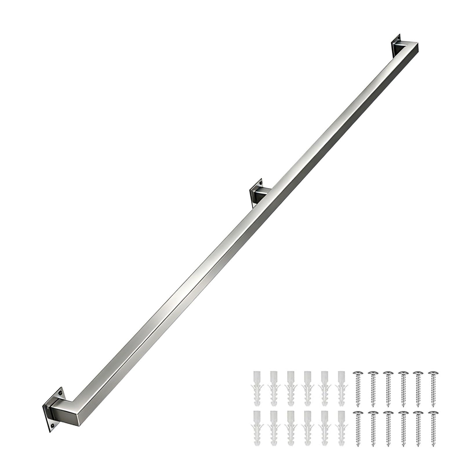 Renmlion One Color Industrial Metal Stairs Handrail Kit，Wall Mount Stainless Steel Staircase Banister Hand Rail，Indoor Outdoor Stair Railing Safety Square Pipe Grab Bar，Silver(11.5Ft/350Cm)