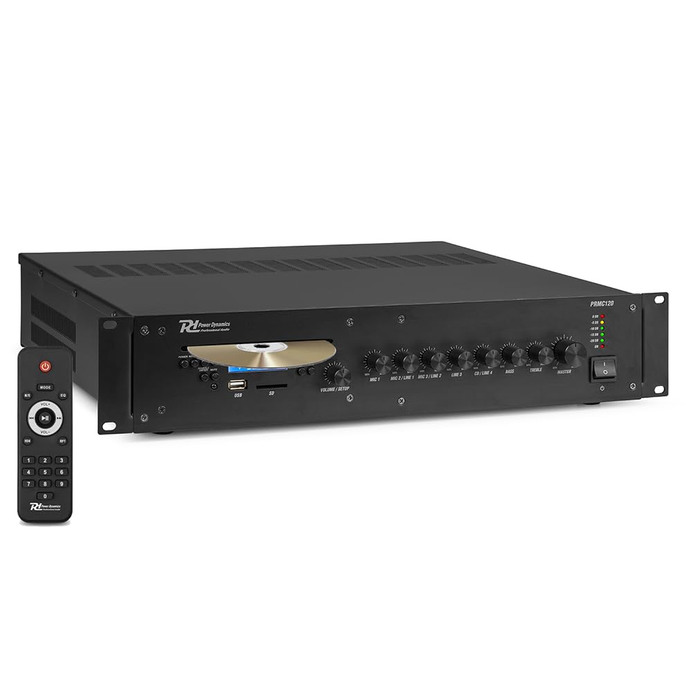 Power Dynamics PRC120 Amplificador 100V 120W con CD y Bluetooth | Reproductor CD integrado, alimentación Phantom, control de tono, compatible con instalaciones de música ambiental.