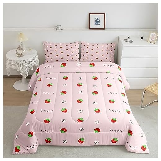 Feelyou Kawaii Conjunto de edredom de morango para meninas, 3 peças, tamanho casal