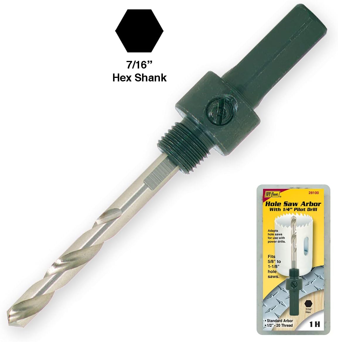 IVY Classic 28100 1H 7/16-Inch Hex Shank Hole Saw Arbor, Fits 5/8 through 1-1/8-Inch Hole Saws, 1/Card
