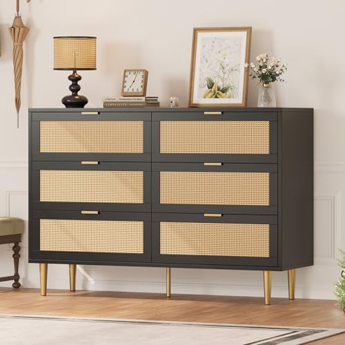 GarveeHome Rattan 6 Drawer Dresser for Bedroom, Modern Chest of Drawers with Gold Legs and Gold Handles, Wide Double Dresser with Large Tabletop and Anti-tipping Design for Bedroom, Living Room, Black