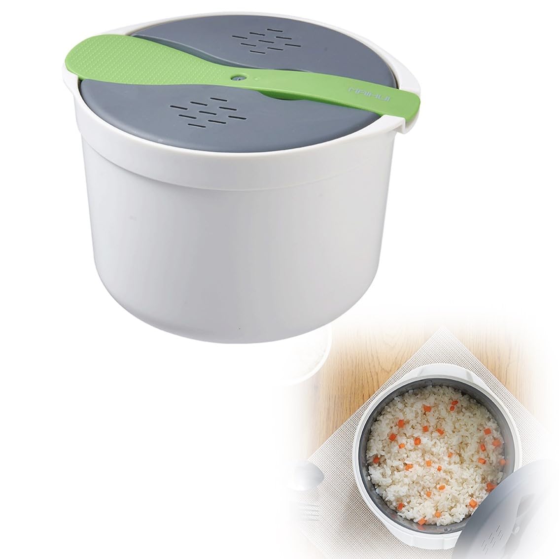 Microwave Rice Cooker 2L Plastic Food Grade Microwave Cookware Non Stick Rice and Pasta Cooker Includes Rice Scoop Lid Strainer and Steaming Pot for Vegetable Dishwasher (Orange) (Green)