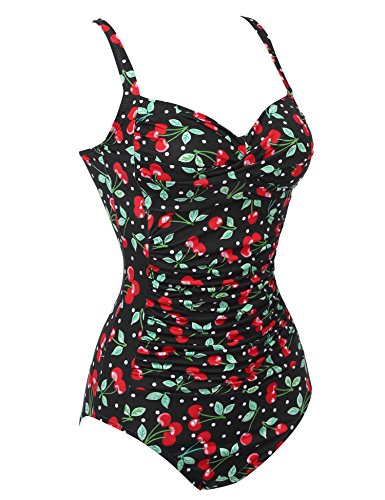 Ekouaer Womens 50S Retro Vintage Cherry Print One Piece Swimwear Monokinis Black Cherry,Large #TOP2