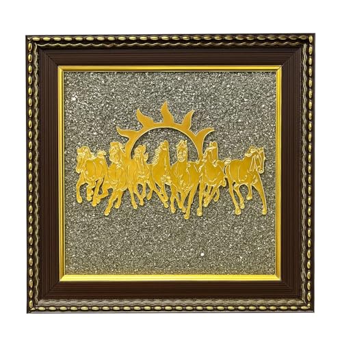 THE GRANDEUR Pyrite Stone Frame with Vastu Seven Running Horses with Sun Wall Art, Painting Vastu Wooden Photo Frame, Wall Decor Items for Living Room, Gold, Wood Frame, 7 x 7 inch