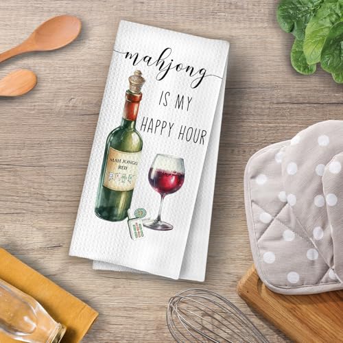 Image of Mahjong Wine Kitchen Towel - Mahjong is My Happy Hour Decorative Waffle Dish Towels, Mah Jong Gifts Hand Bar Towels, Tea Towel for Wine Lovers, 16x24 Inch
