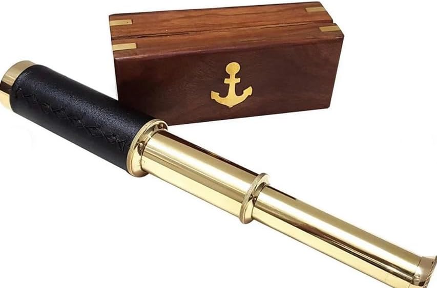 Handheld Functional Vintage Brass Telescope with Wooden Box Gifting Pirate Spyglass (14") Rustic Vintage Home Decor Gifts