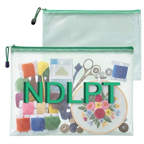 Sabary 2 Pcs Needlepoint Project Bag Set NDLPT Clear Mesh Zipper Pouch Sewing Bags Organizer Storage for Embroidery Quilter Crafter Art Stitching Gift 13.6x9.6 + 11.6x8.4 (Green)
