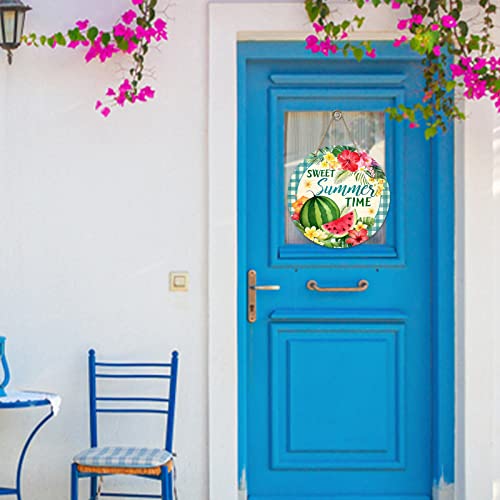 Deroro Sweet Summer Time Watermelon Front Door Sign, Tropical Hibiscus Frangipani Flower Wood Door Hanger Outdoor Outside Porch Decor, Hawaii Palm Leaves Wooden Wreath Indoor Wall Hanging Decoration #TOP5
