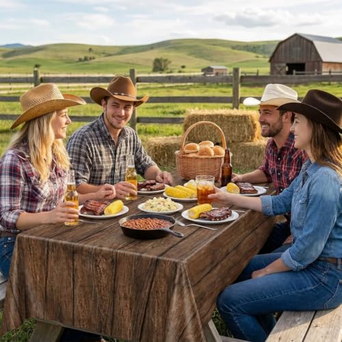 Image of LINHAXM 3 Pack Brown Wood Grain Tablecloths, Western Party Decorations, Vintage Farmhouse Tablecloth, Rustic Plastic Table Covers for Rodeo Western Barn Birthday Wedding Party Decor, 54 x 108 Inch