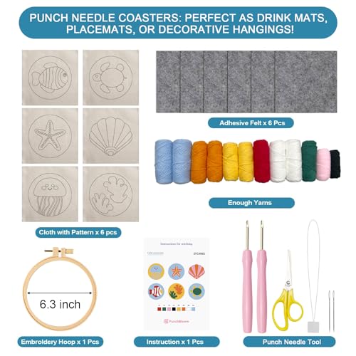Image of Punch Needle Coaster Kit for Adults Beginners, Easy Punch Embroidery Starter Set with Instructions - Fun Mug Rug Making Kit for Table Decor & Festival DIY Gifts (6pcs Marine Life)